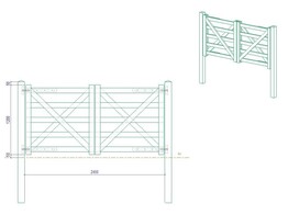 Portail Style Anglais - Double L 240  entre poteaux  X H 120 cm - Planches de 38x89 mm Autoclavees - Poteaux et quincaillerie inclus
